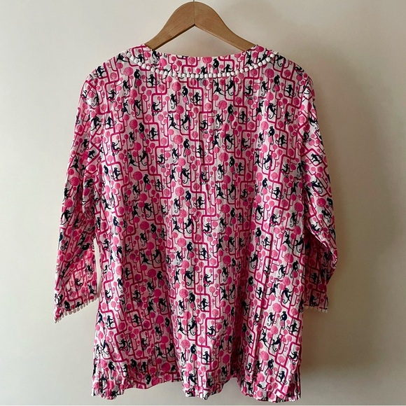 Talbots Pink & Blue Monkey Print Tunic Top 3/4 Sleeve Mandarin Collar Size 1XP - Picture 9 of 16